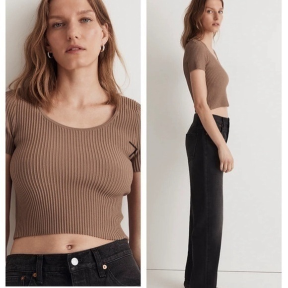 Madewell Tops - Madewell Ottoman Ribbed Crop Sweater Tee Brown XS